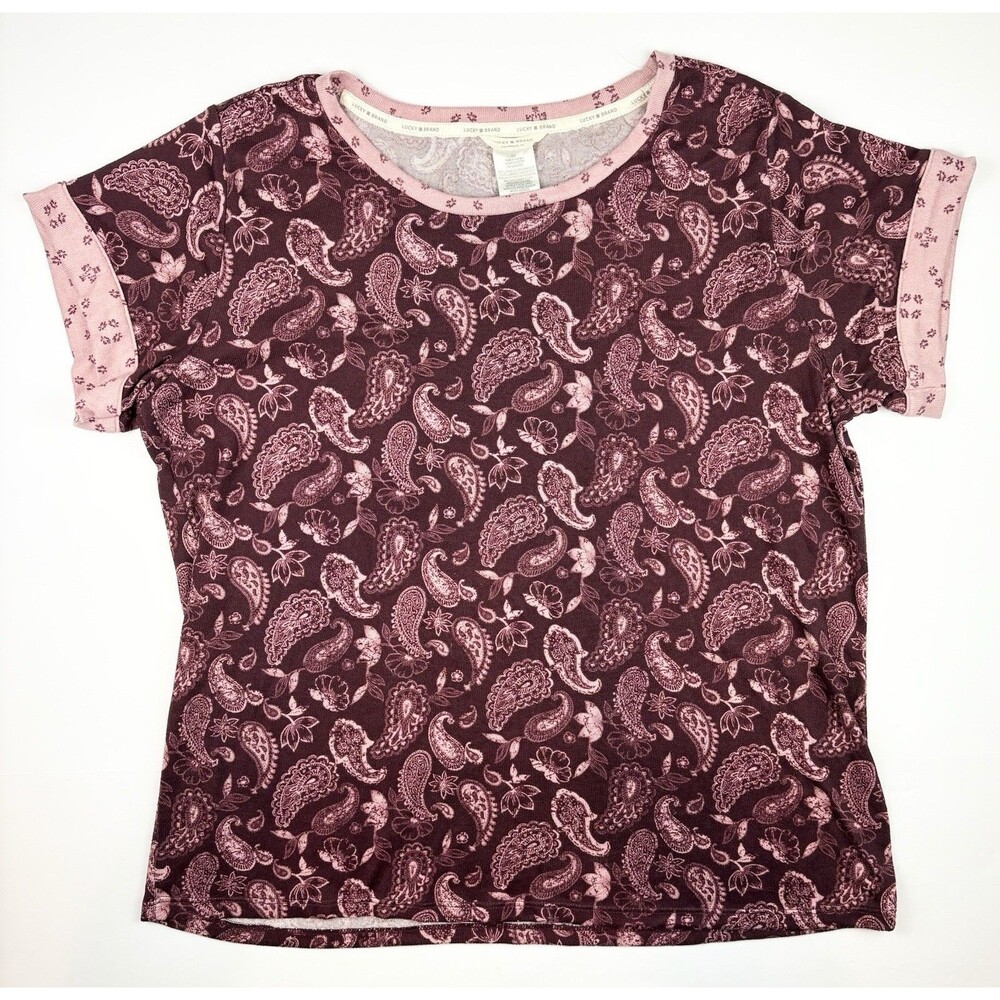 Lucky Brand Blouse Boho Bohemian Short Sleeve Paisley Pink Purple Top Size Large
